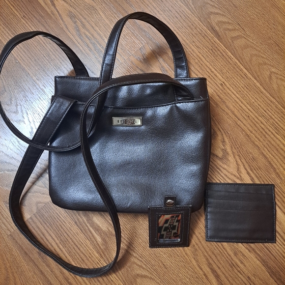 Vtg Rosetti Purse Handbag Shoulder bag Brown Faux Leather Triple Zip Inserts - Picture 7 of 10